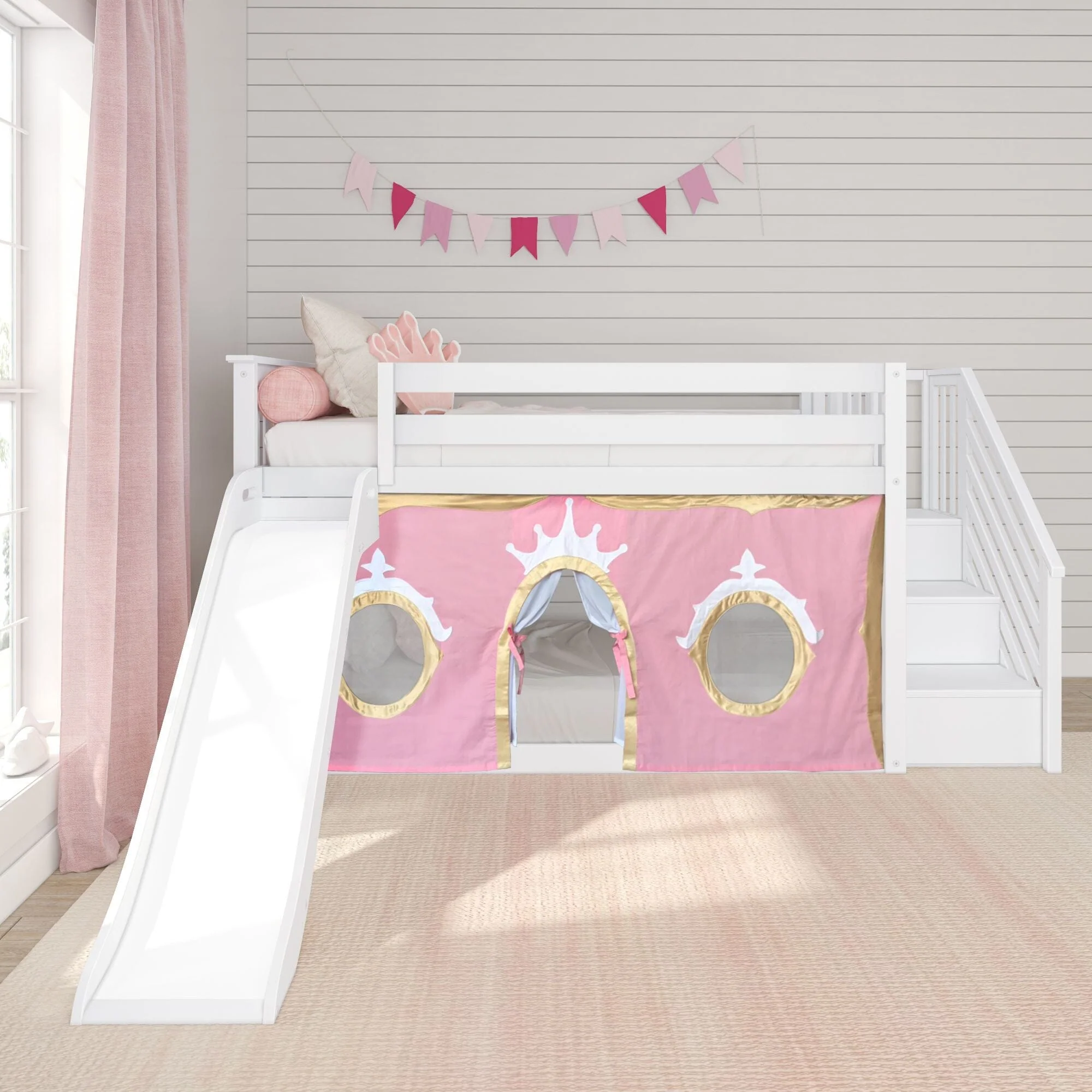 Twin Over Twin Low Bunk Bed with Stairs, Slide, & Princess Curtain - Image 4