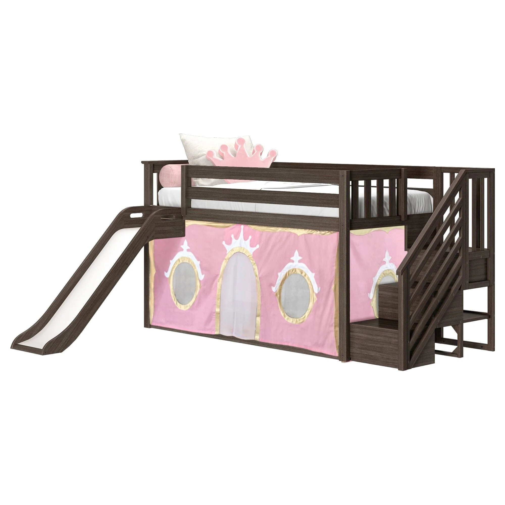 Twin Over Twin Low Bunk Bed with Stairs, Slide, & Princess Curtain - Image 5
