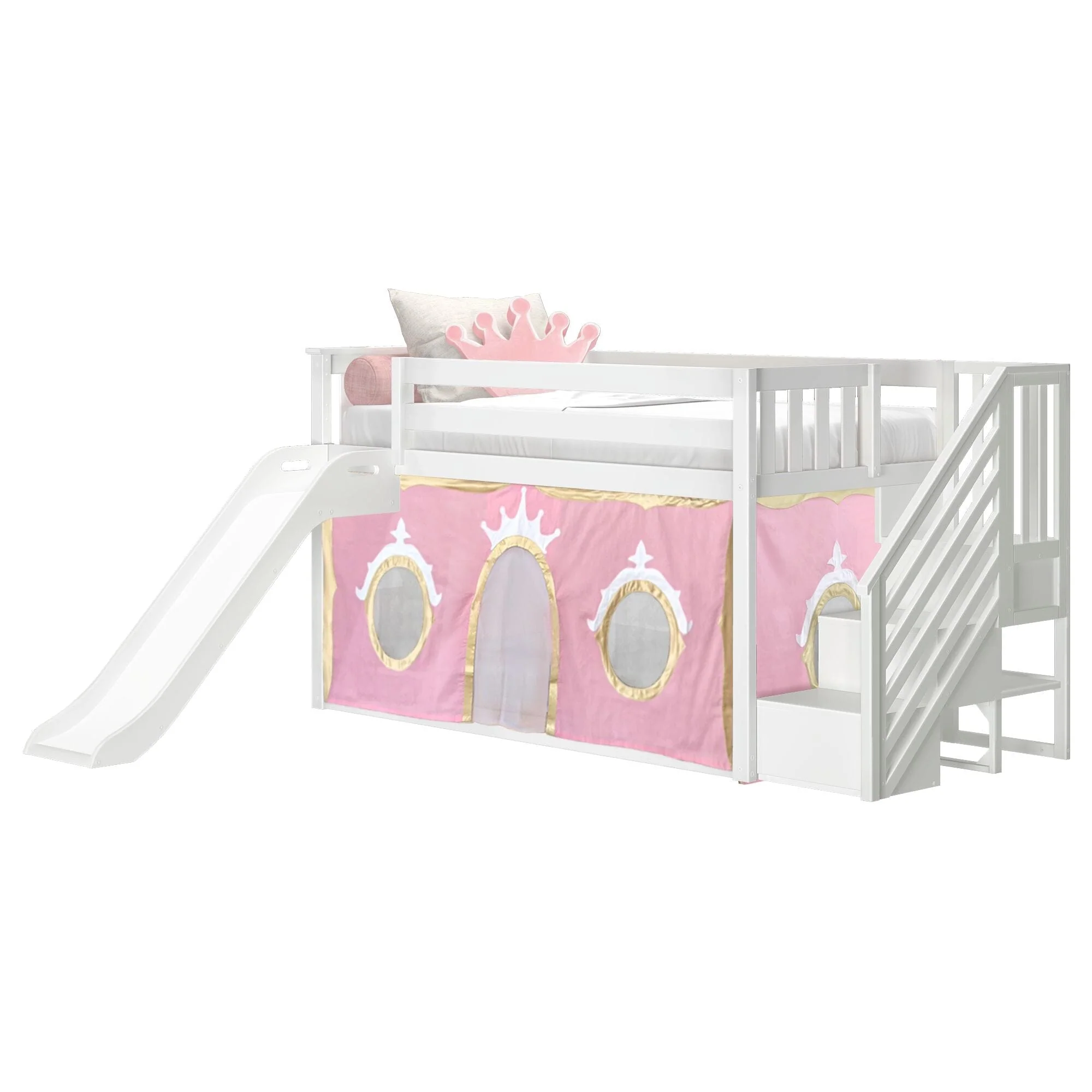 Twin Over Twin Low Bunk Bed with Stairs, Slide, & Princess Curtain - Image 6