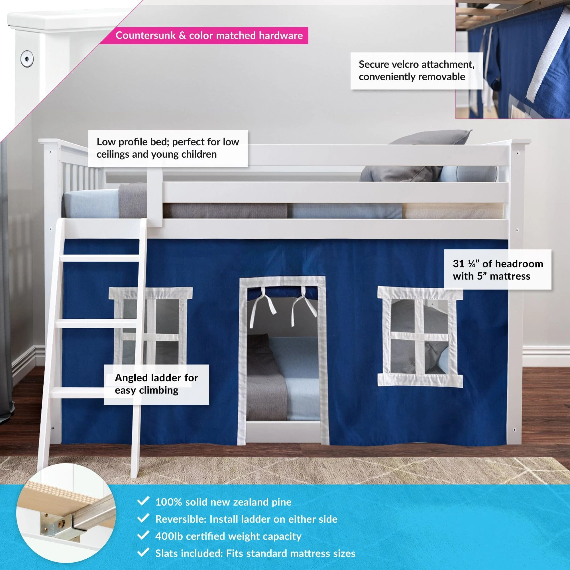 Twin Over Twin Low Bunk Bed With Curtain - Image 18