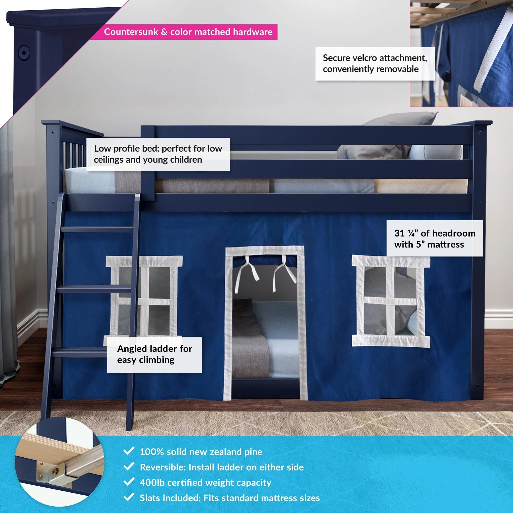 Twin Over Twin Low Bunk Bed With Curtain - Image 23