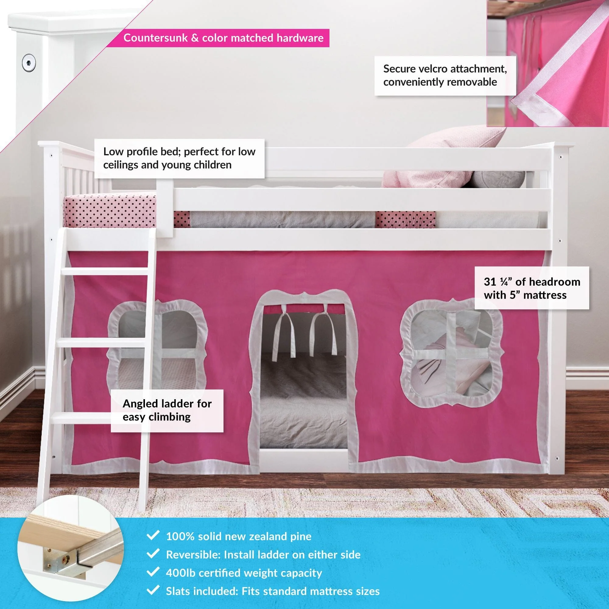 Twin Over Twin Low Bunk Bed With Curtain - Image 24