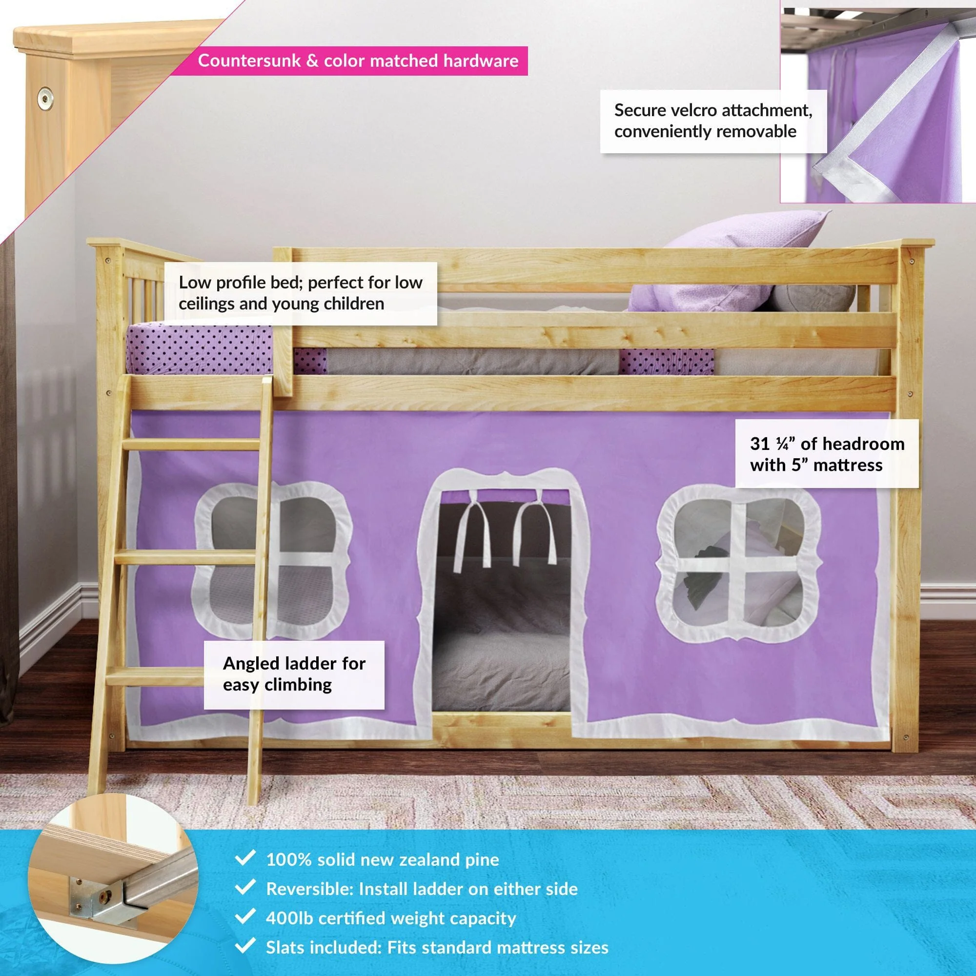 Twin Over Twin Low Bunk Bed With Curtain - Image 25