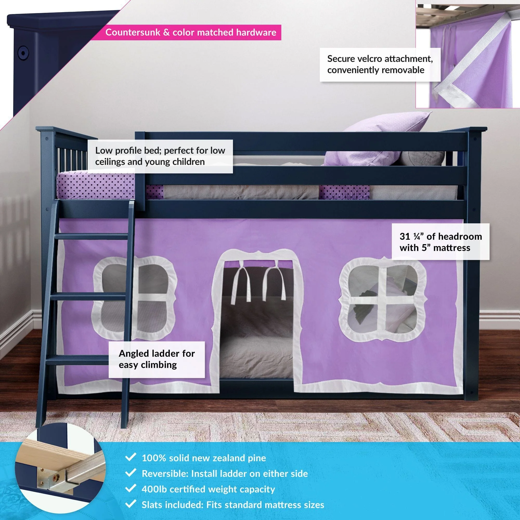 Twin Over Twin Low Bunk Bed With Curtain - Image 30