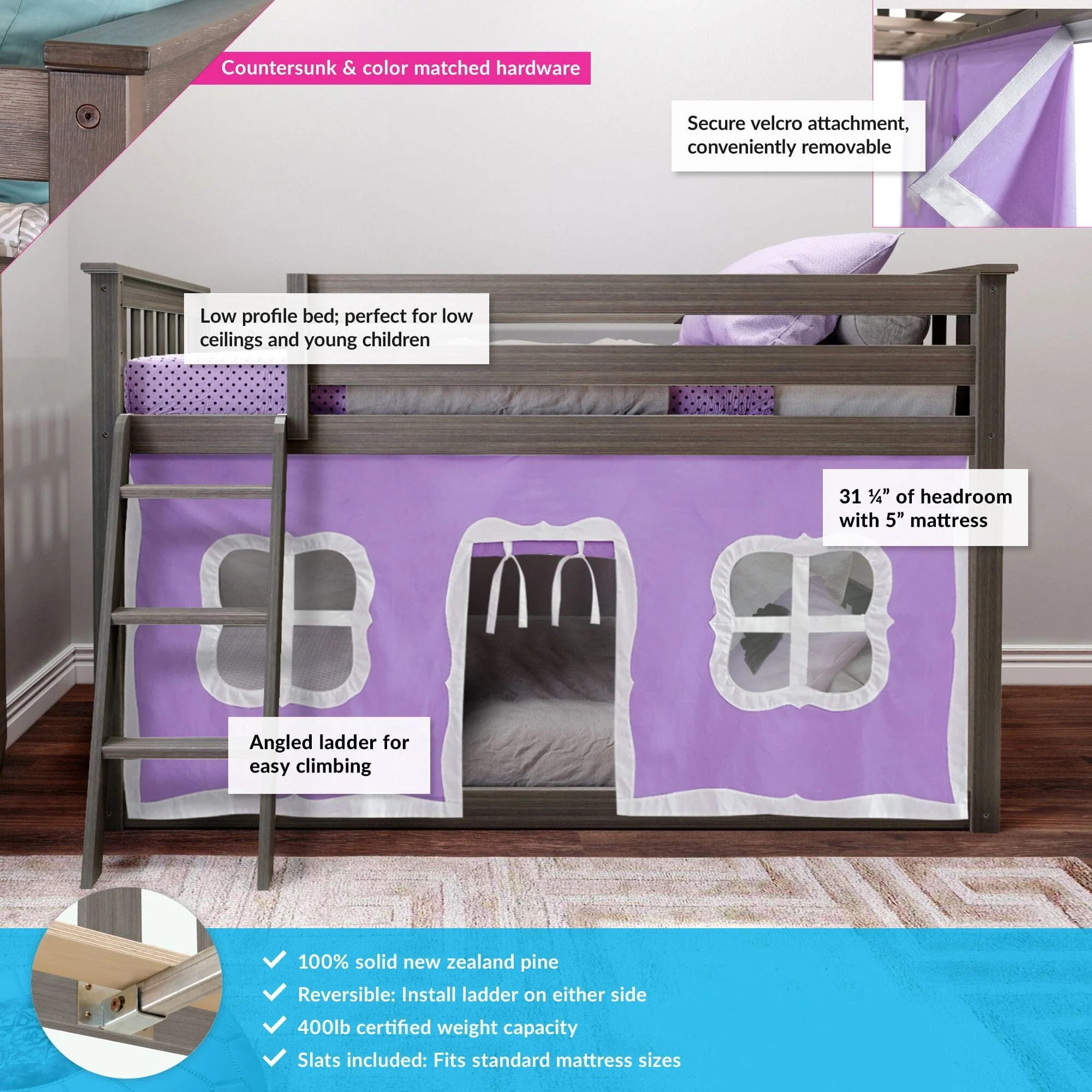 Twin Over Twin Low Bunk Bed With Curtain - Image 32