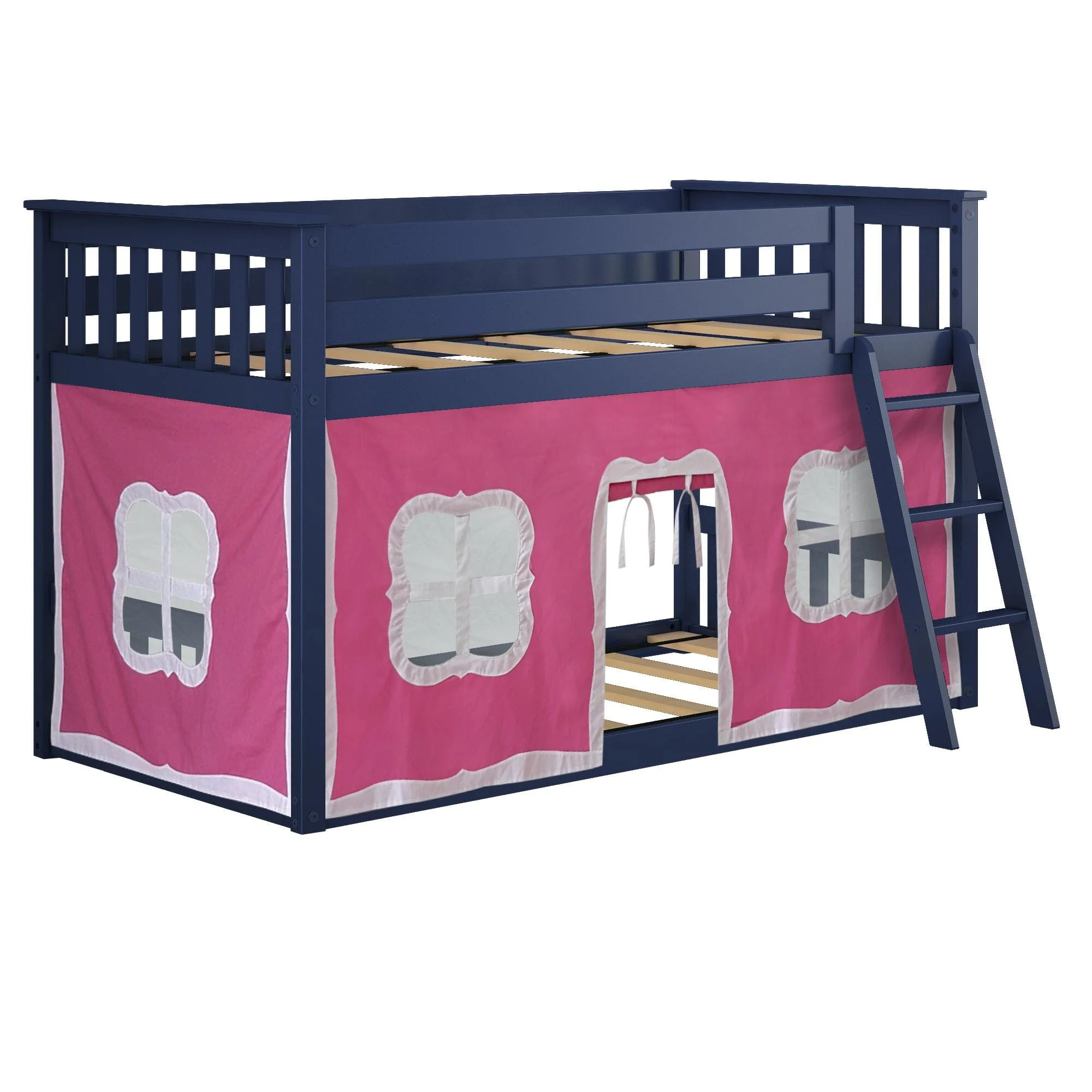 Twin Over Twin Low Bunk Bed With Curtain - Image 51