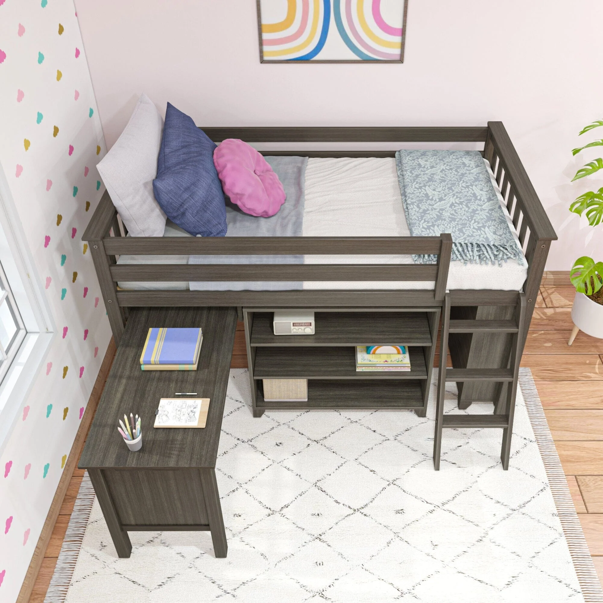 Twin Low Loft Bed With Desk & Bookcases - Image 12