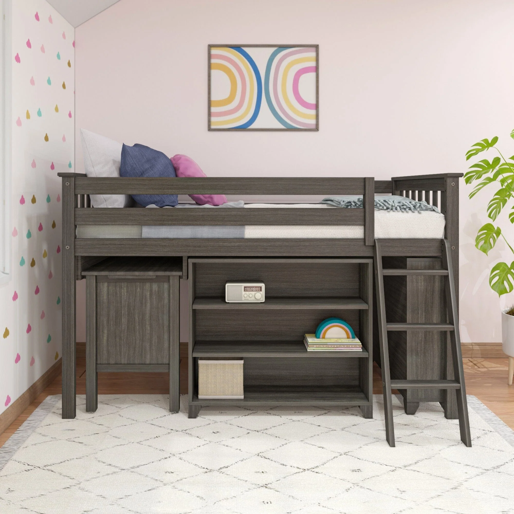 Twin Low Loft Bed With Desk & Bookcases - Image 4
