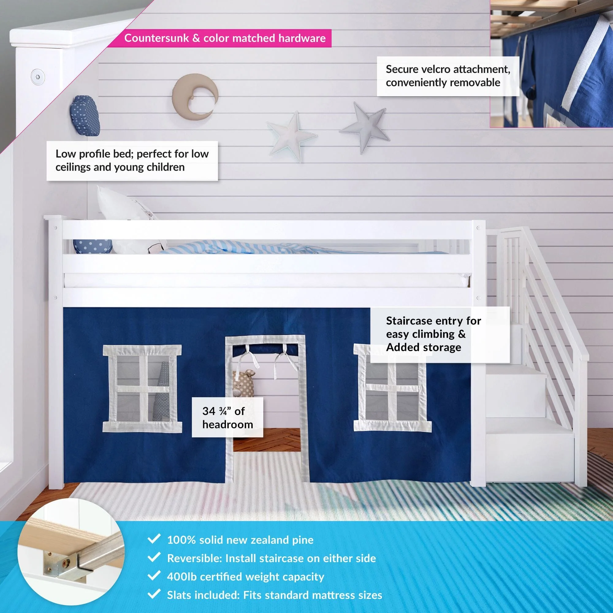 Twin-Size Low Loft with Stairs + Curtain - Image 11