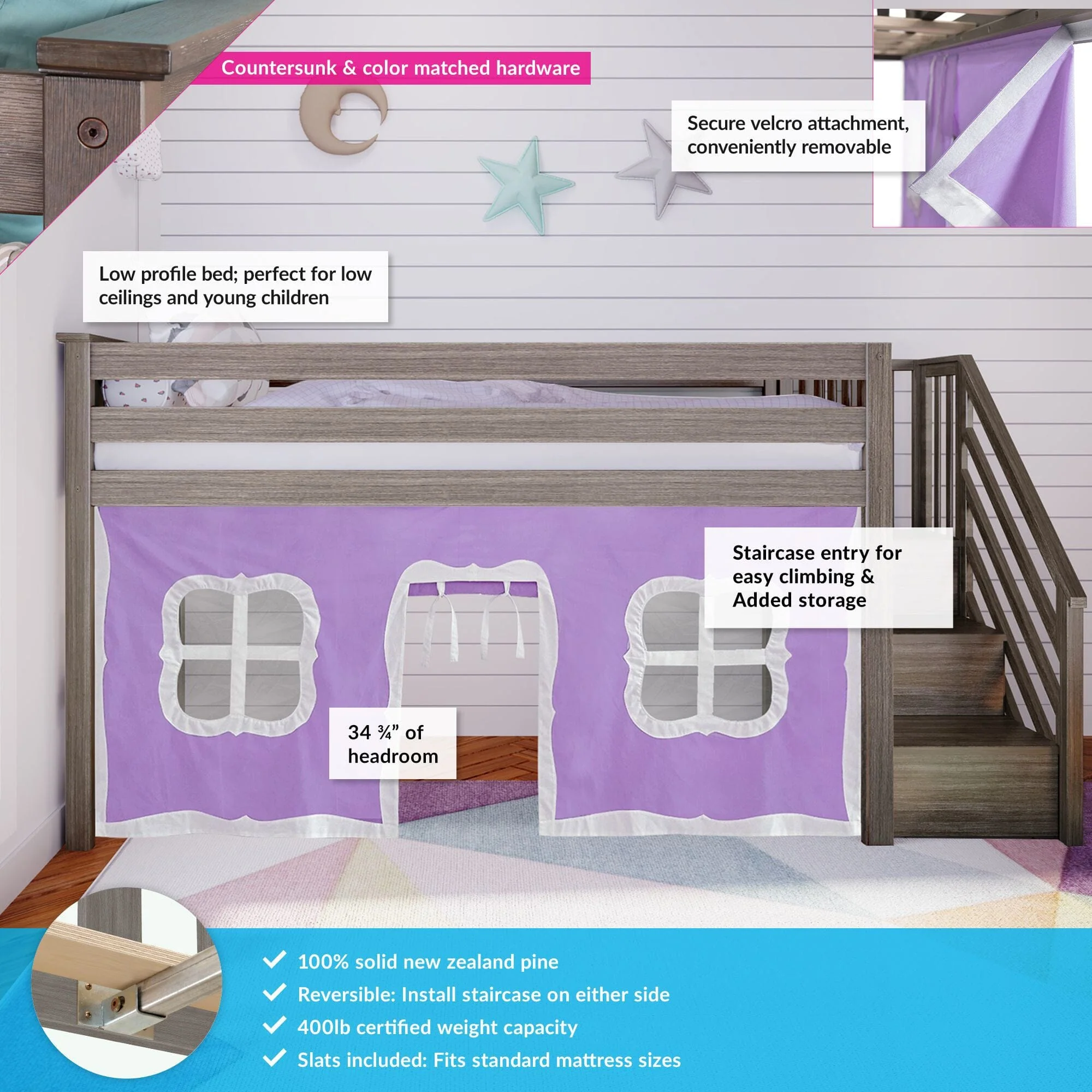 Twin-Size Low Loft with Stairs + Curtain - Image 16